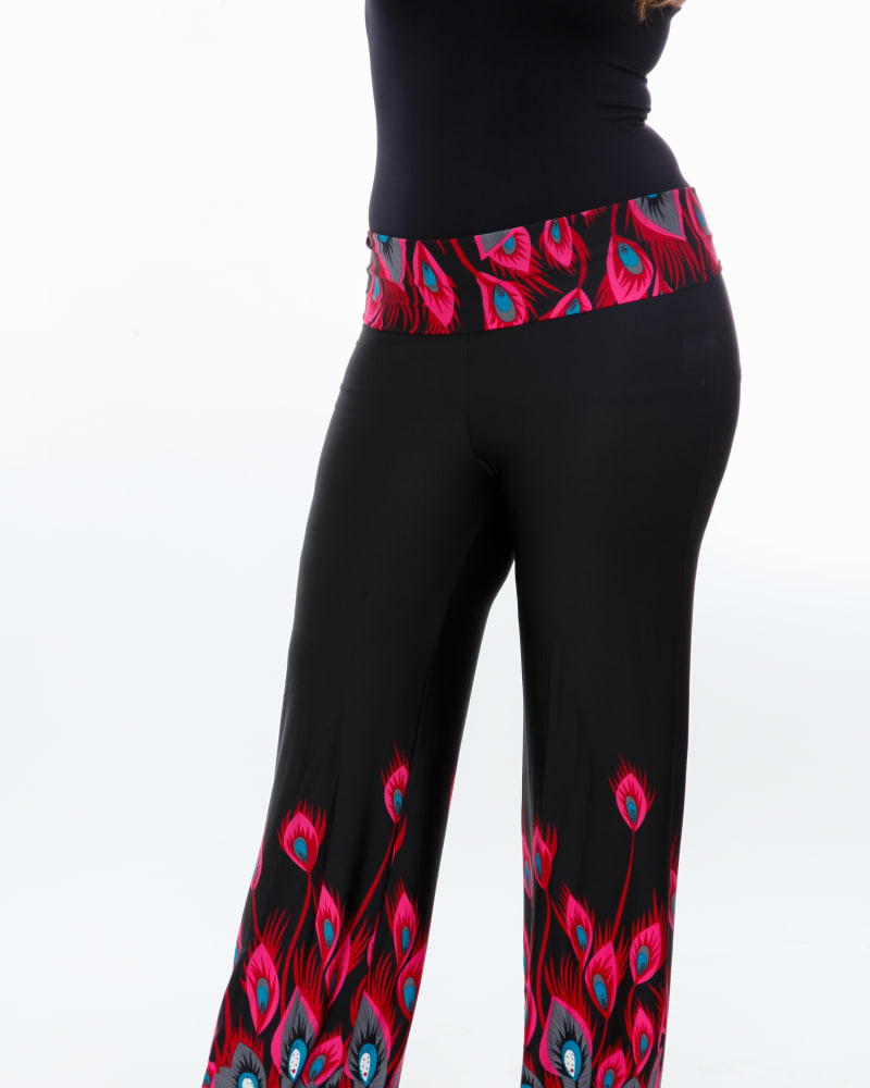 Front of a model wearing a size 3X Peacock Print Palazzo Pants in Fuchsia Peacock by White Mark. | dia_product_style_image_id:250123